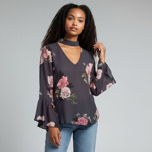 Live 4 Truth Gray Pink Floral Long Wide Sleeve V Neck Lightweight Blouse size m